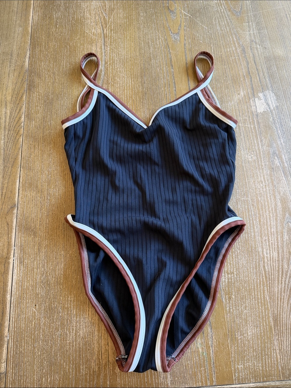 Ribbed Black One-Piece Swimsuit with Brown & White Trim
